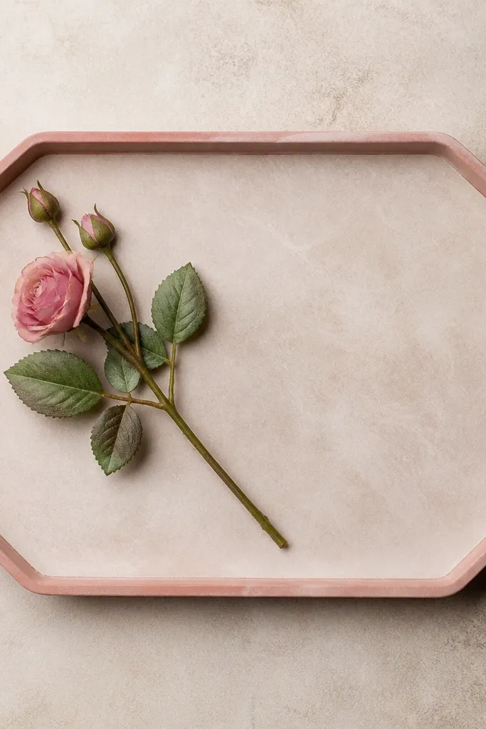 A small tray with dusty rose edges on a neutral table. A single tiny faux rose stem lies diagonally across the tray. The widget area is placed on the right side, showing the tray texture behind it.