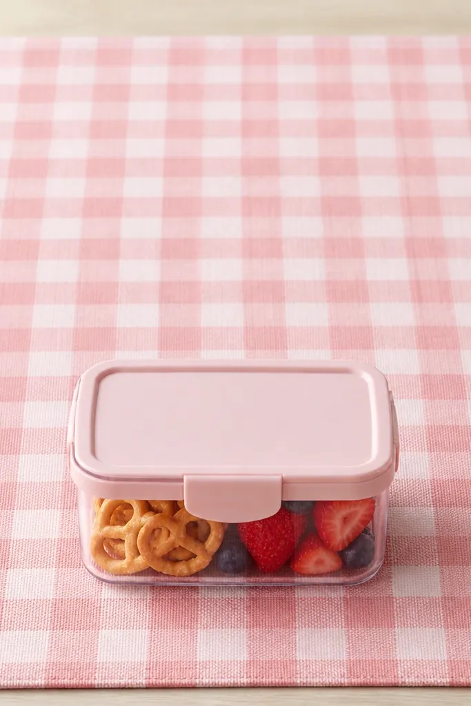 A pink checkered placemat filling most of the frame. A small clear snack box with pink lid sits in the lower third. The widget sits centered with the check pattern visible behind it.