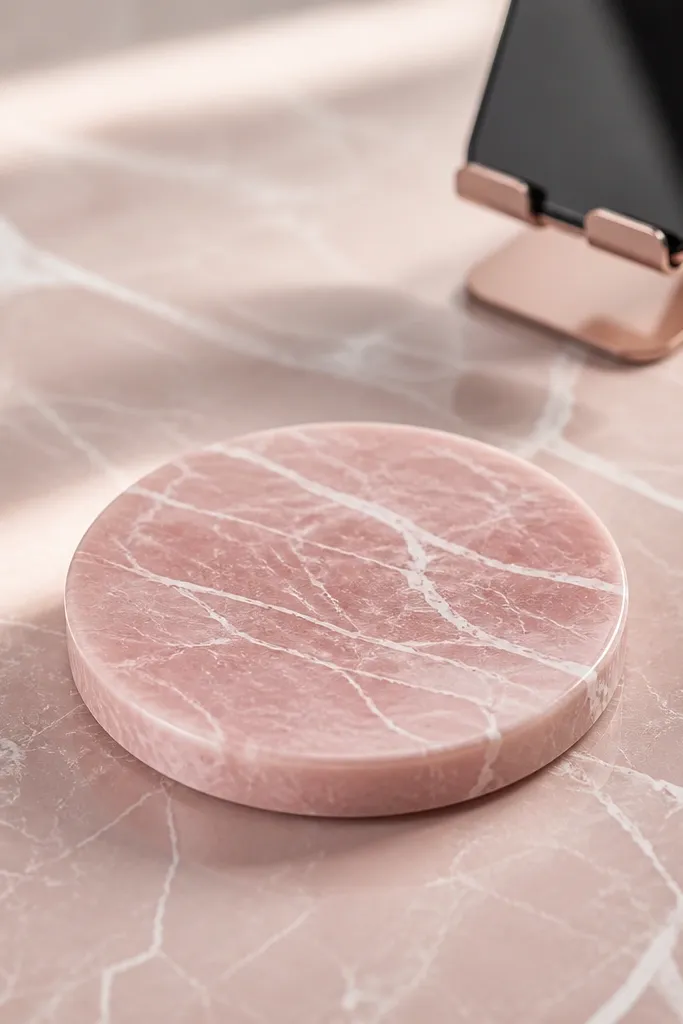 A pink marble-look coaster with white veining. A small phone stand sits above it, blurred slightly. The widget background is the marble surface with soft highlights.