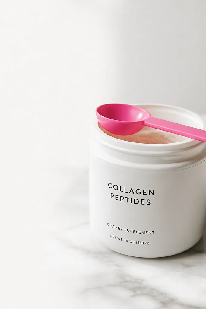 A white jar labeled with simple black text (no brand). A hot pink spoon rests across the jar opening. The widget sits in the negative space to the left, showing clean white.