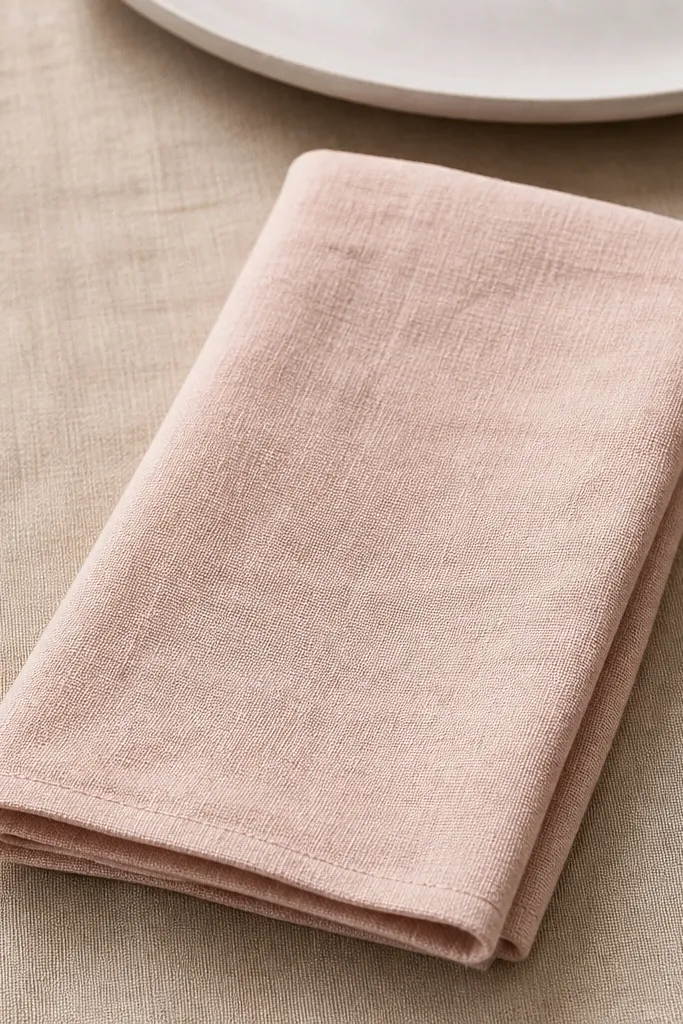 A blush linen napkin folded into a soft rectangle. Only the edge of a white ceramic plate shows at the top. The widget background is the linen texture with gentle shadowing.