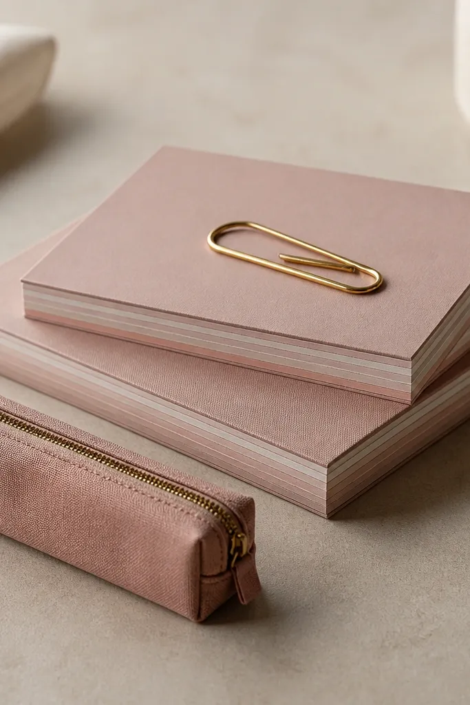 A stack of dusty rose notepads and a small matching pen case. The edges of papers show layered tones. The widget overlays the middle layer where the paper is smooth.