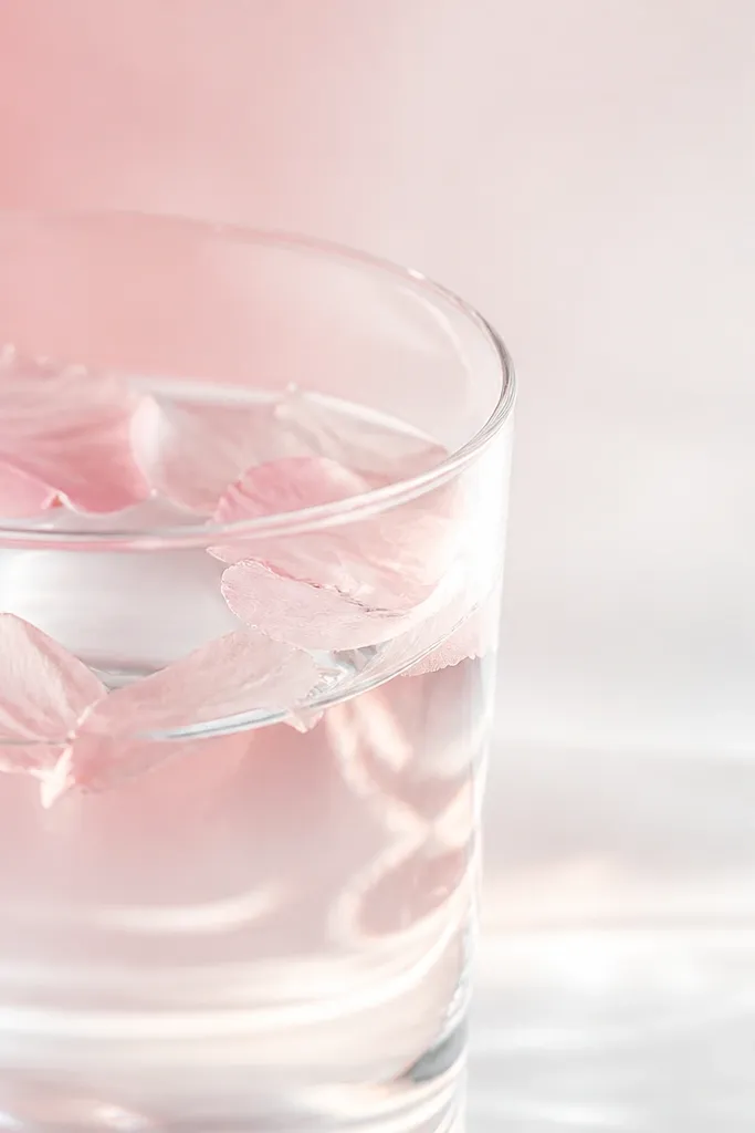 A close-up photo of a glass of water with faint pink petals floating. The background becomes a soft gradient from pale pink to almost clear. The widget sits over the lighter area.