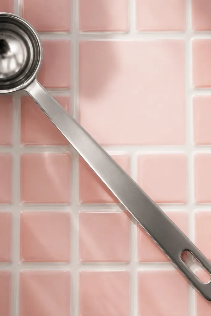 Small square pink tiles arranged like a backsplash. A silver measuring spoon lies across the tiles, creating diagonal lines. The widget sits in a blank-ish patch between spoon highlights.