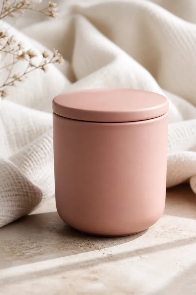 A blush candle jar with a simple lid. A white dish towel drapes behind it, showing soft folds. The widget is placed over the towel area for contrast.