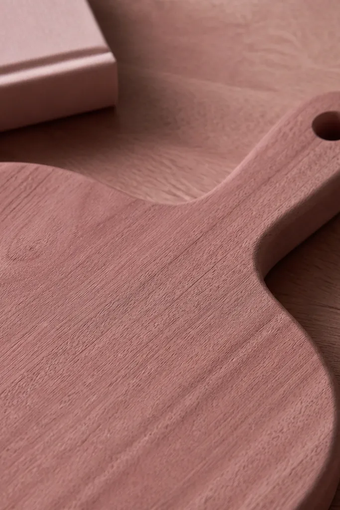 A dusty rose cutting board with visible wood grain. A cookbook spine sits behind it, mostly cropped out. The widget background shows the cutting board surface and a soft book shadow.