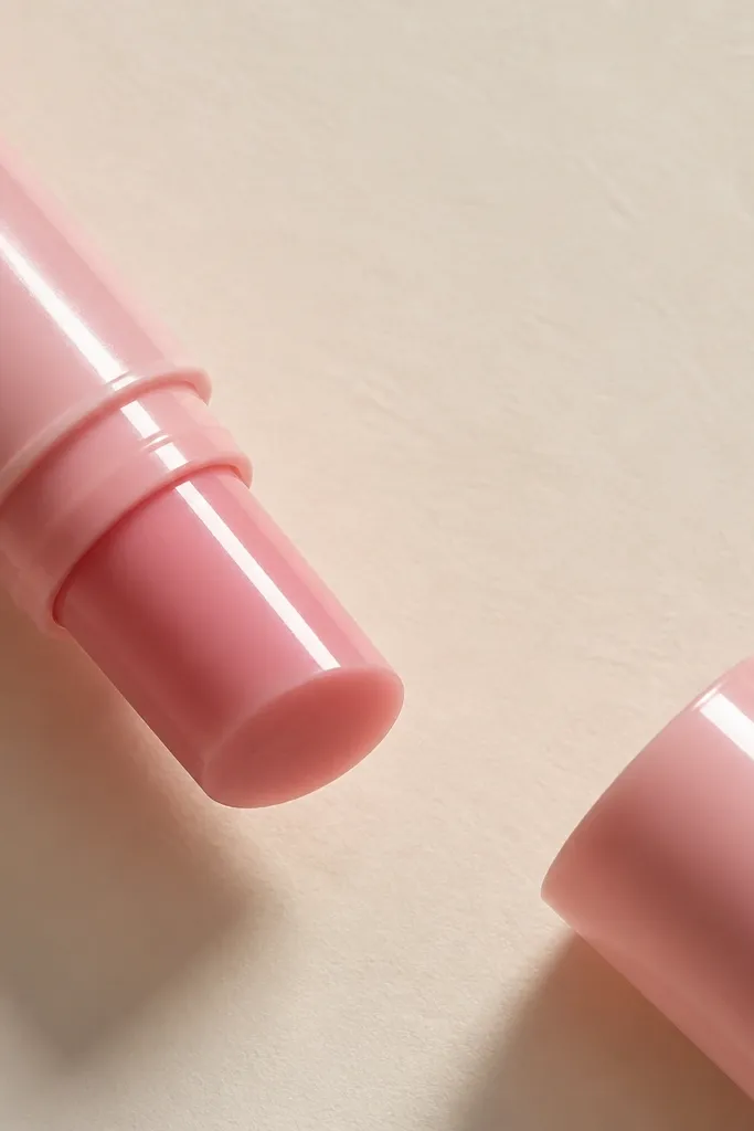 A close-up of a pink lip balm tube on cream paper. The tube is at a diagonal, with a soft glare highlight. The widget sits on the blank cream area beside it.