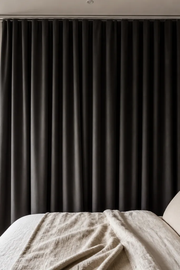 Cream curtain with blackout lining on a ceiling track, dividing a small bedroom near the bed