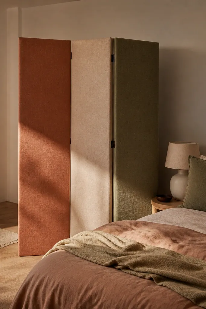 White folding screen with removable fabric panels, separating a bed from a hallway entrance