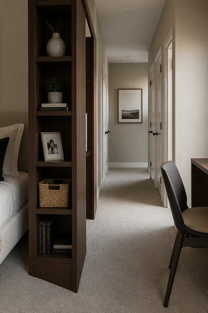 Tall narrow bookcase divider with open shelves, separating bed from a reading nook