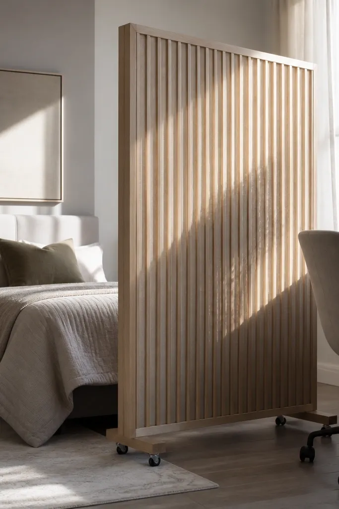 Light wood slat panel on small wheels with off-white linen backing near a bed