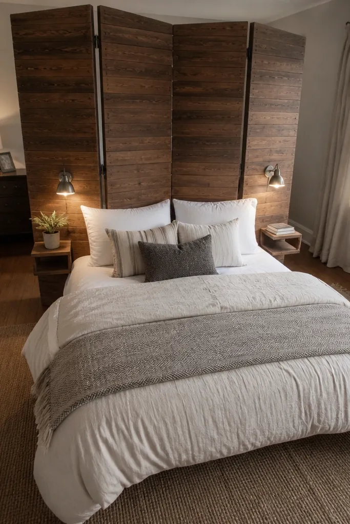 Stained pallet wood panels forming a partial wall behind a bed corner