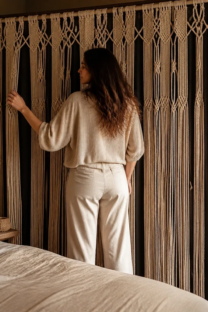 Cream macramé hanging panel with a hidden dark curtain backing behind a bed