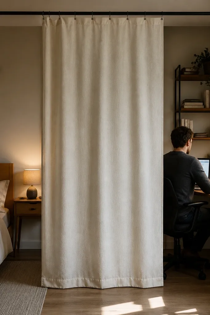Weighted hem curtain on a tension rod, hanging neatly and blocking the view near a bed