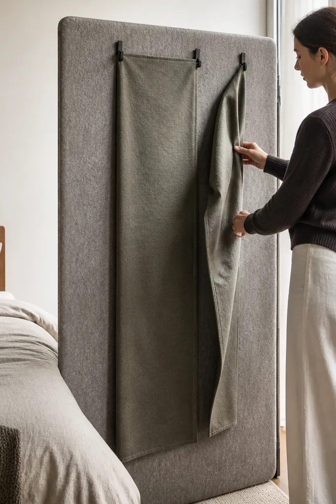 Large felt board divider with removable fabric panels and hooks near a bedroom bed