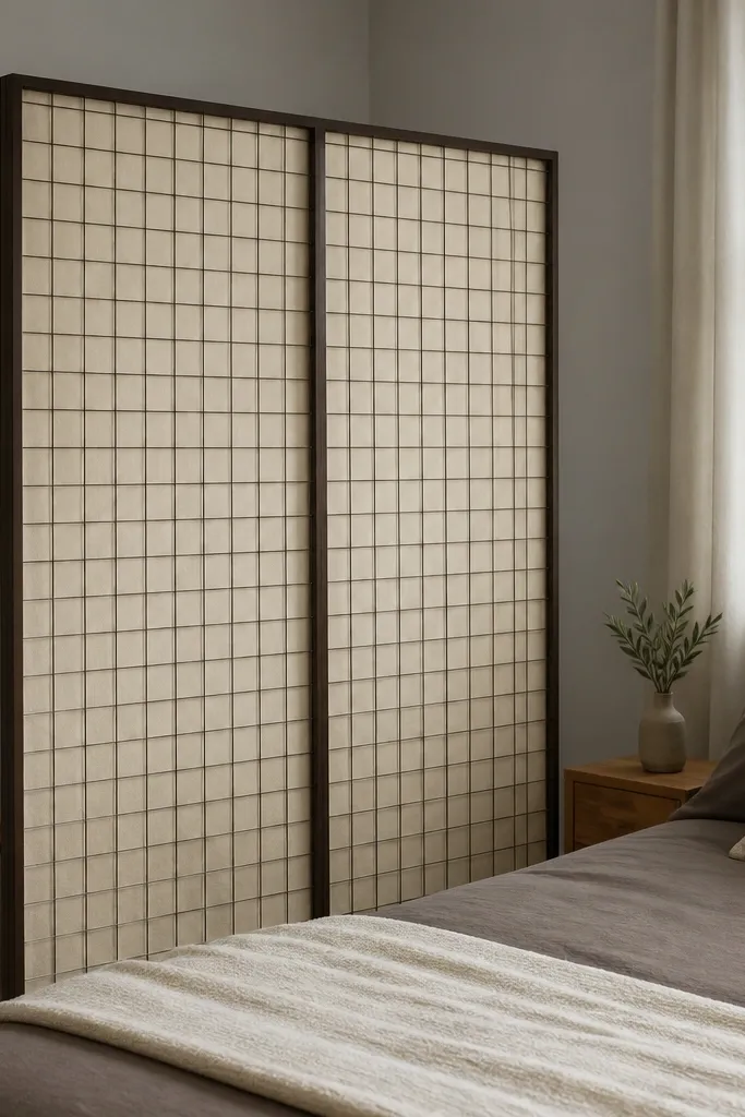 Black metal wire panel lined with beige fabric separating a bed from a desk