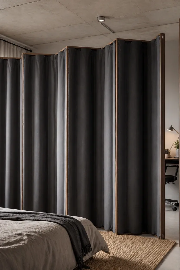 Gray accordion screen with removable curtain panels, creating a private bed corner