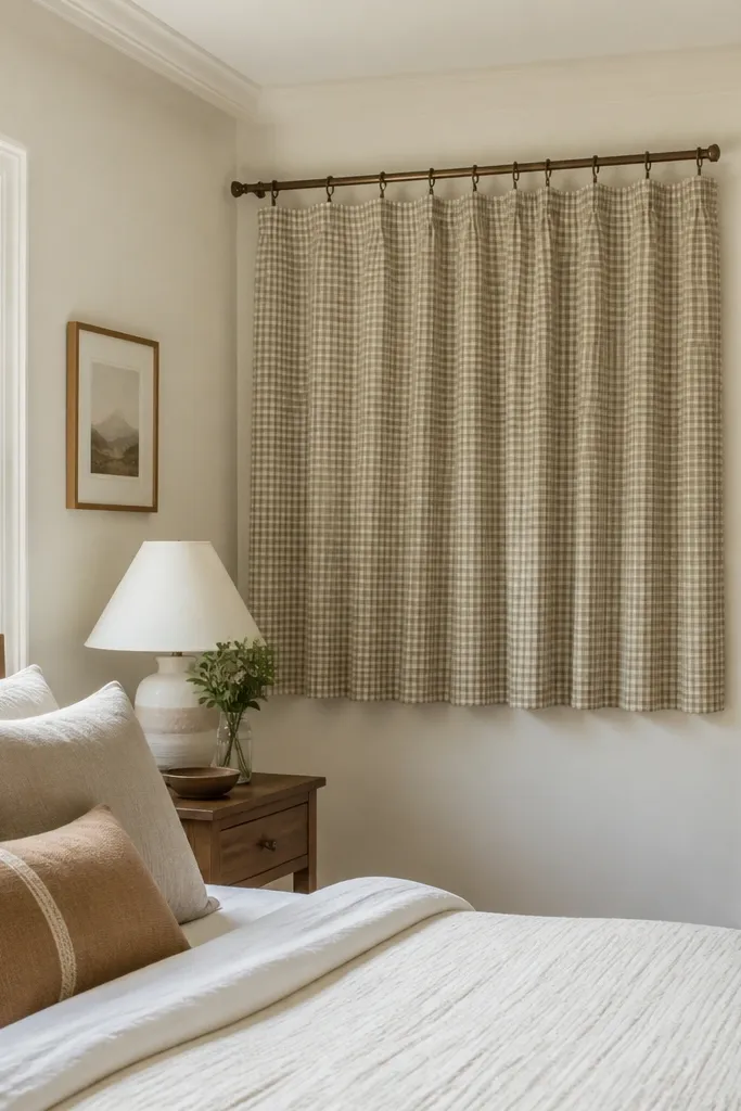 Short cafe curtain on a rail beside a bed, blocking side sightlines