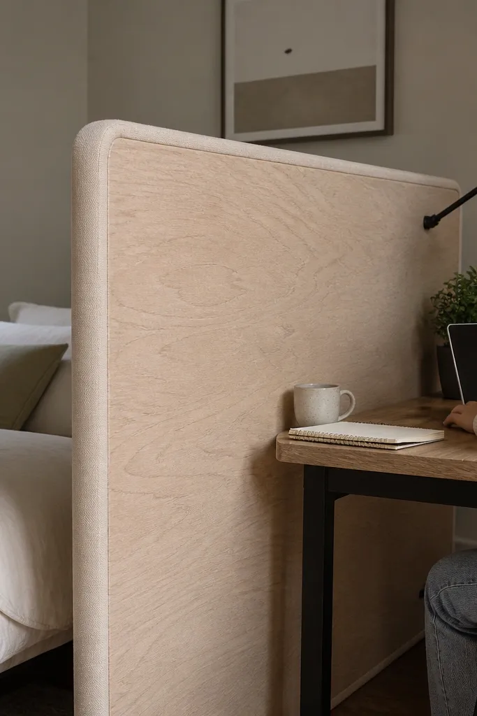 Matte plywood divider panel with fabric-wrapped edges in warm beige