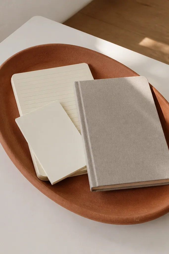 Terracotta tray with off-white notebooks and pencils on a light desk