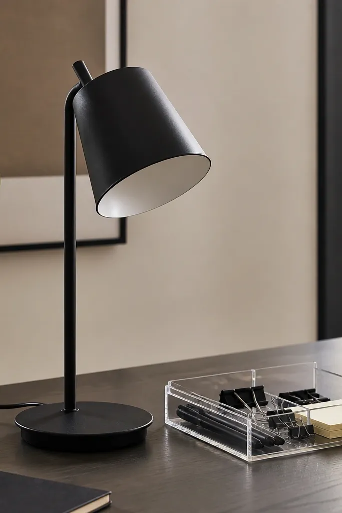 Black desk lamp and clear acrylic organizer with pens and notes
