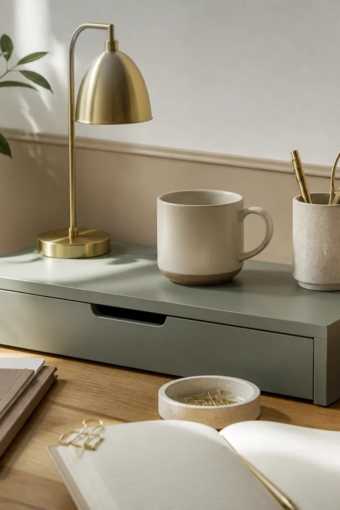 Sage green book riser with gold paper clips and study notes