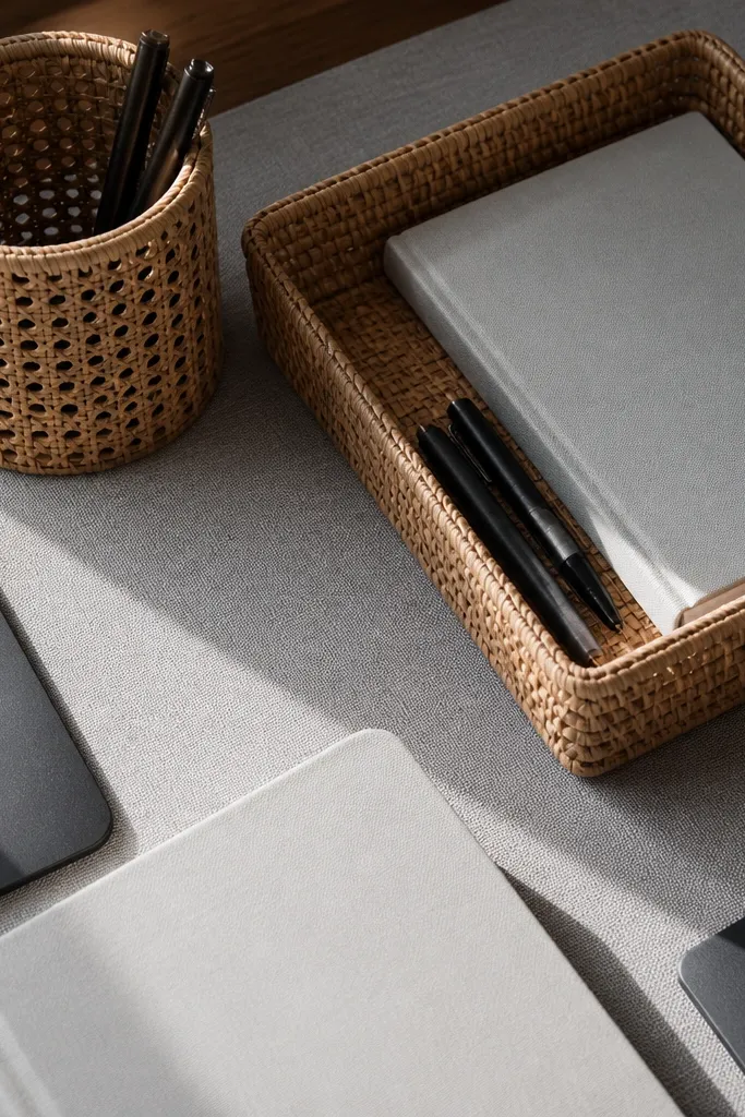Woven paper tray with rattan-style pencil cup and lined notebooks
