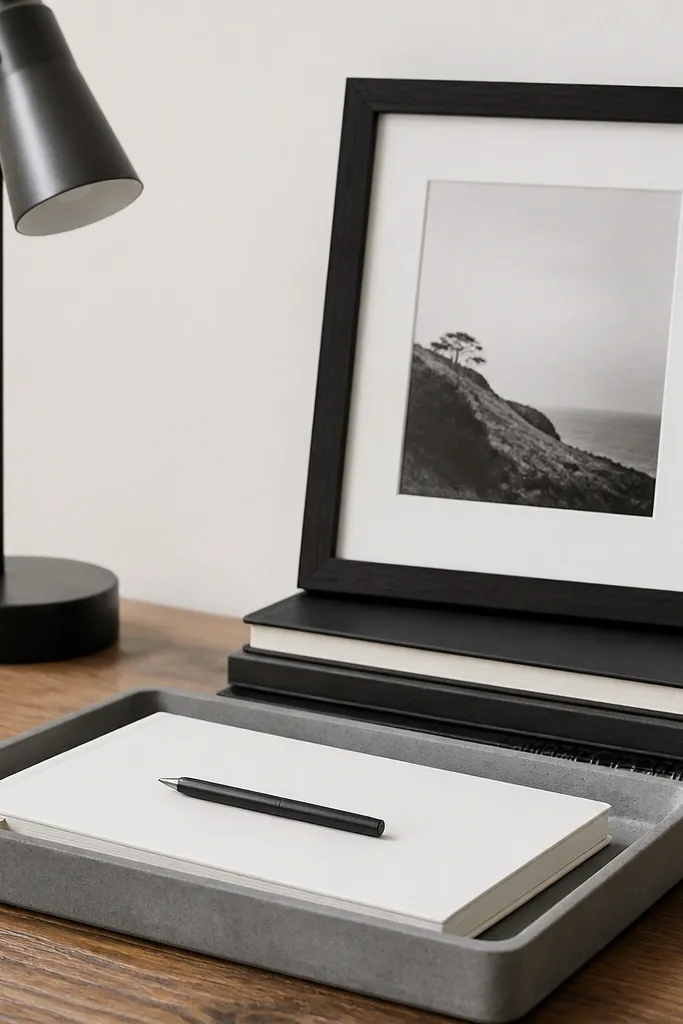 Small monochrome frame with one and two minimal notebooks