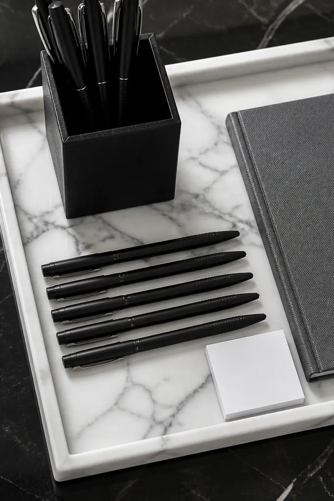 White marble-style tray with black pen holder and scattered stationery