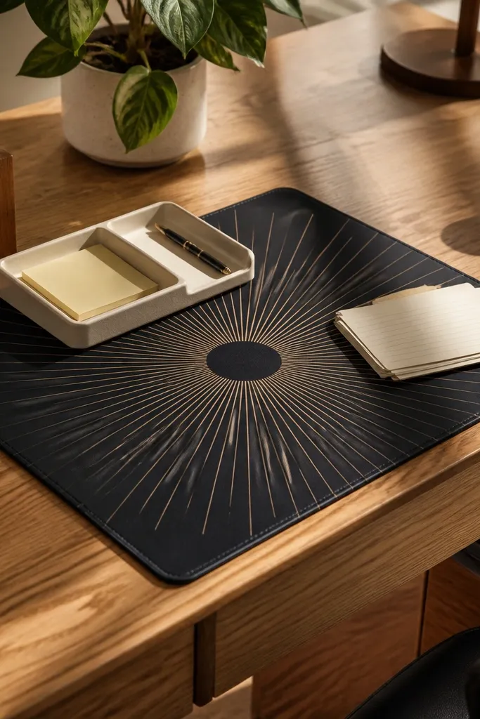 Sunburst desk mat with one-color organizer holding pens and notes