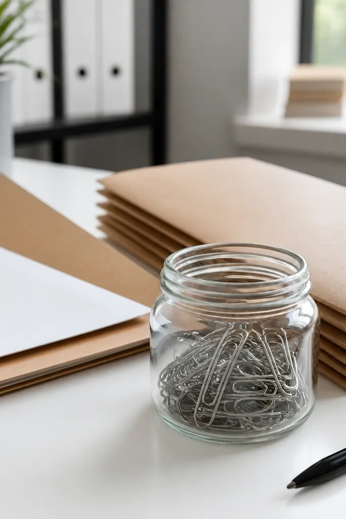 Glass jar with paperclips next to kraft folders and a notebook
