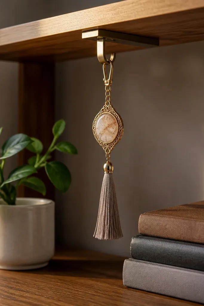Desk hook holding a bookmark charm and a small plant near books