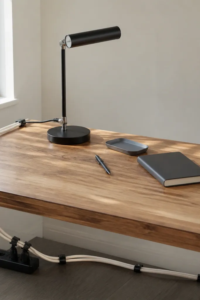 Clean desk with cable ties, small laptop stand, and minimal accessories