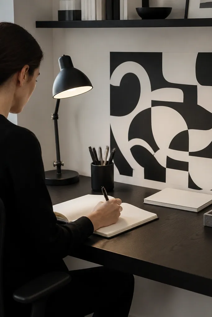 Black-and-white quote lettering behind desk with notebooks and lamp