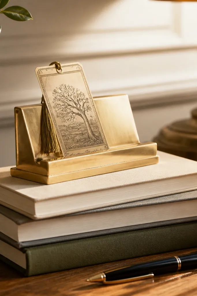 Stacked books with a brass bookmark holder and small pen cup
