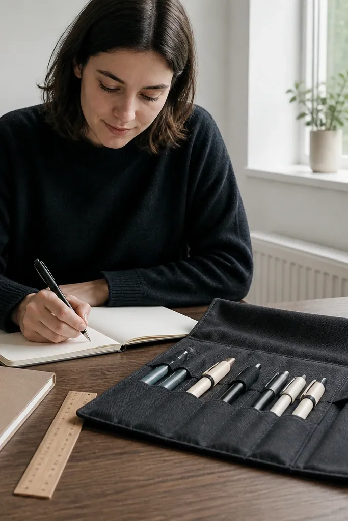 Folded fabric roll-up organizer next to notebook and pen cup