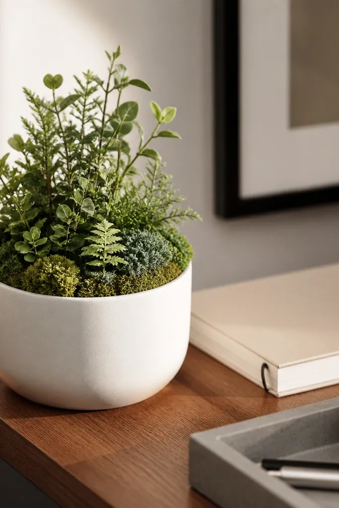Small plant in ceramic pot beside notebooks and a tray on a desk