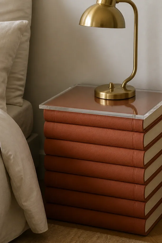 A small bedroom nightstand made from stacked hardcover books with a terracotta-colored finish on the top, topped by a clear acrylic sheet and a brass lamp.
