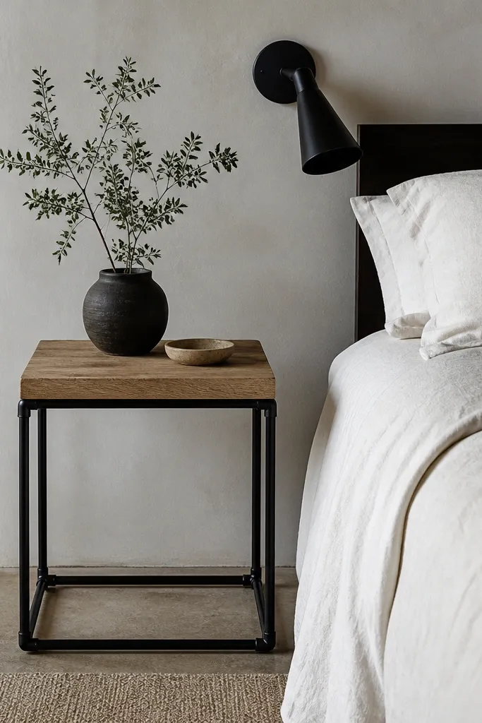 A square side table with a black iron pipe frame and a square wooden top, sitting beside a bed with a white linen duvet and black wall sconce.