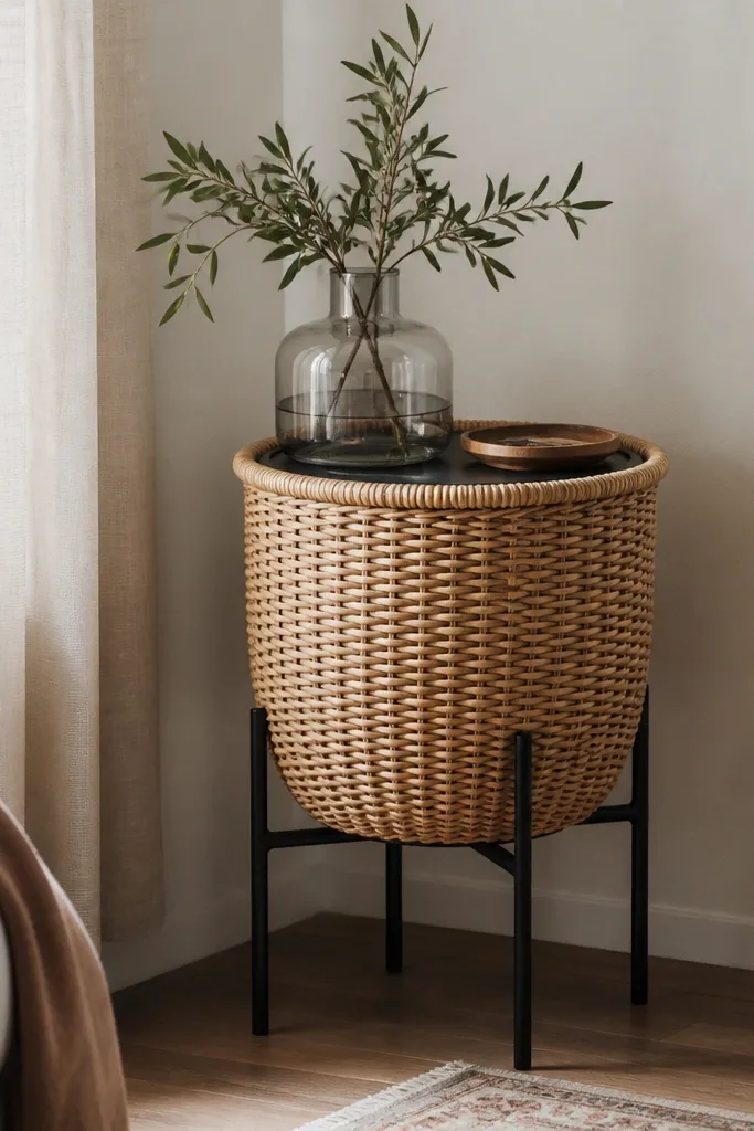 A woven rattan basket mounted on a slim black metal stand, with a glass vase and a small tray on top.