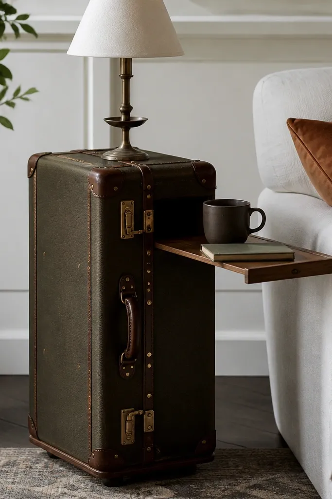 A small side table made from a vintage suitcase standing upright, with a wooden sliding tray pulled out and a lamp on top.