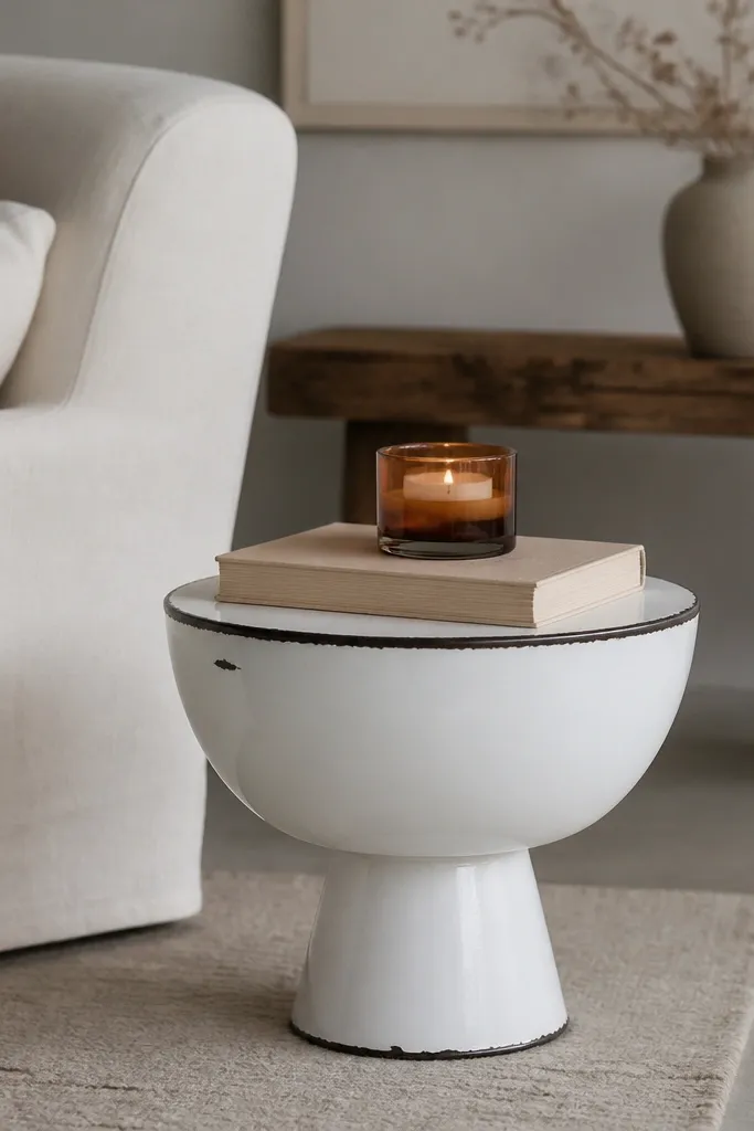 A white enamel bowl mounted upside down on a pedestal base, used as a side table with a small candle and a book.