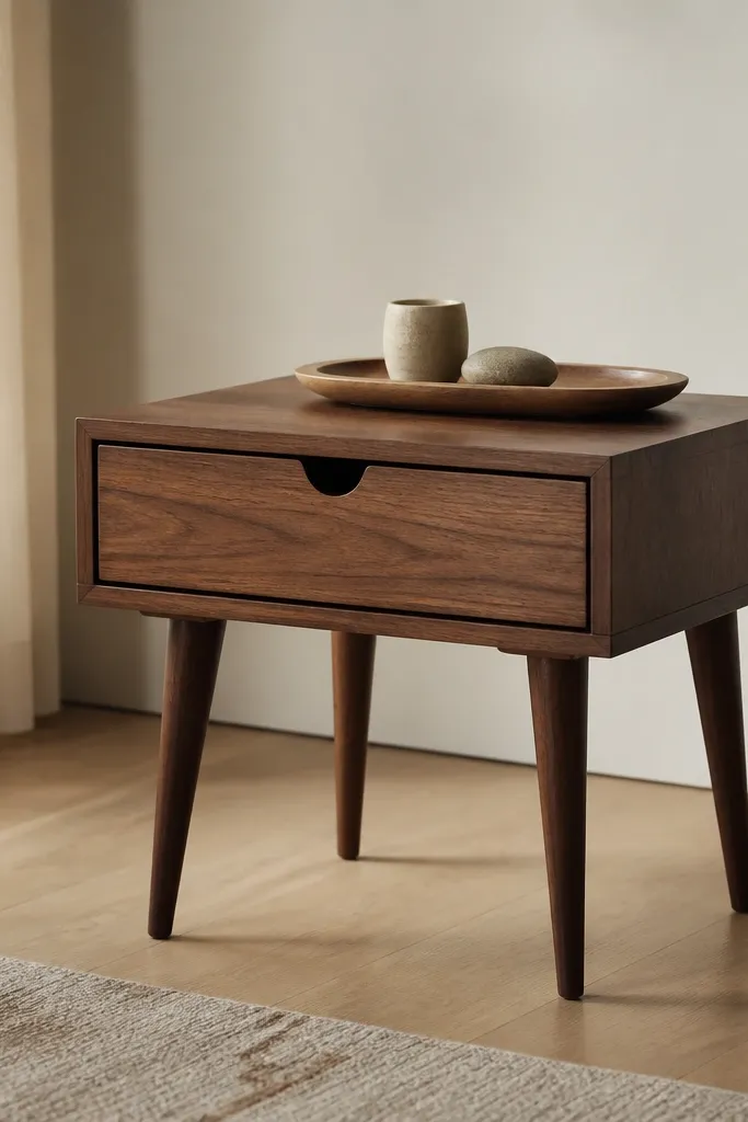 A single dresser drawer mounted on four tapered legs, finished in warm walnut veneer, with a small tray on top.