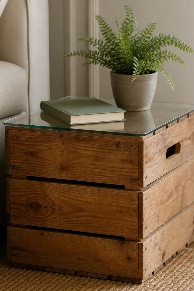 An oak crate used as a side table with a clear glass sheet on top, styled with a small plant and a book.