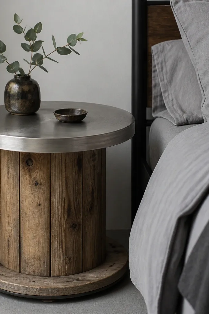 A round side table with a brushed metal top and a wooden cable spool base, next to a bed with gray bedding.