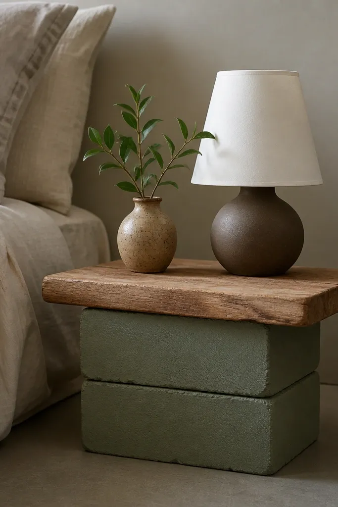A small side table made from a wooden cutting board on a stack of two bricks painted in a muted color, with a small vase and lamp.