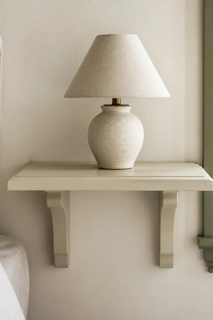 A short side table built from a beadboard panel mounted on two wall shelf brackets, with a small lamp centered.
