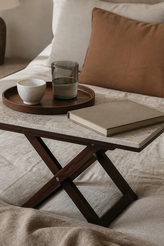 A folding stool with a stone-look tile slab on top, styled with a tray and a book on a bed.