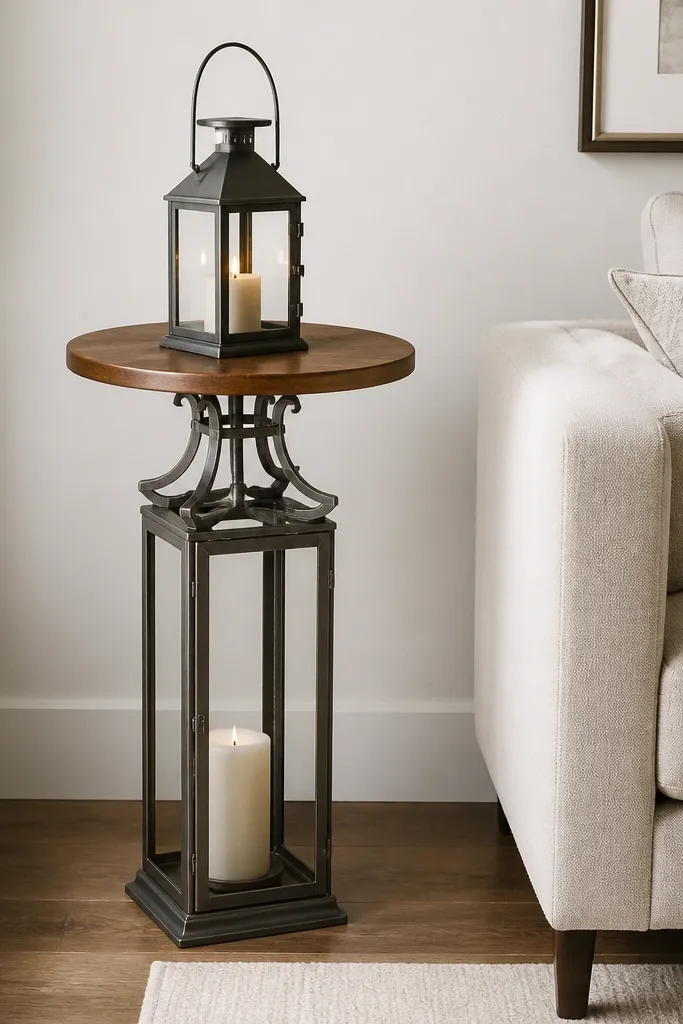 A tall, narrow lantern stand reworked into a side table with a round wooden top and a small lantern on it.