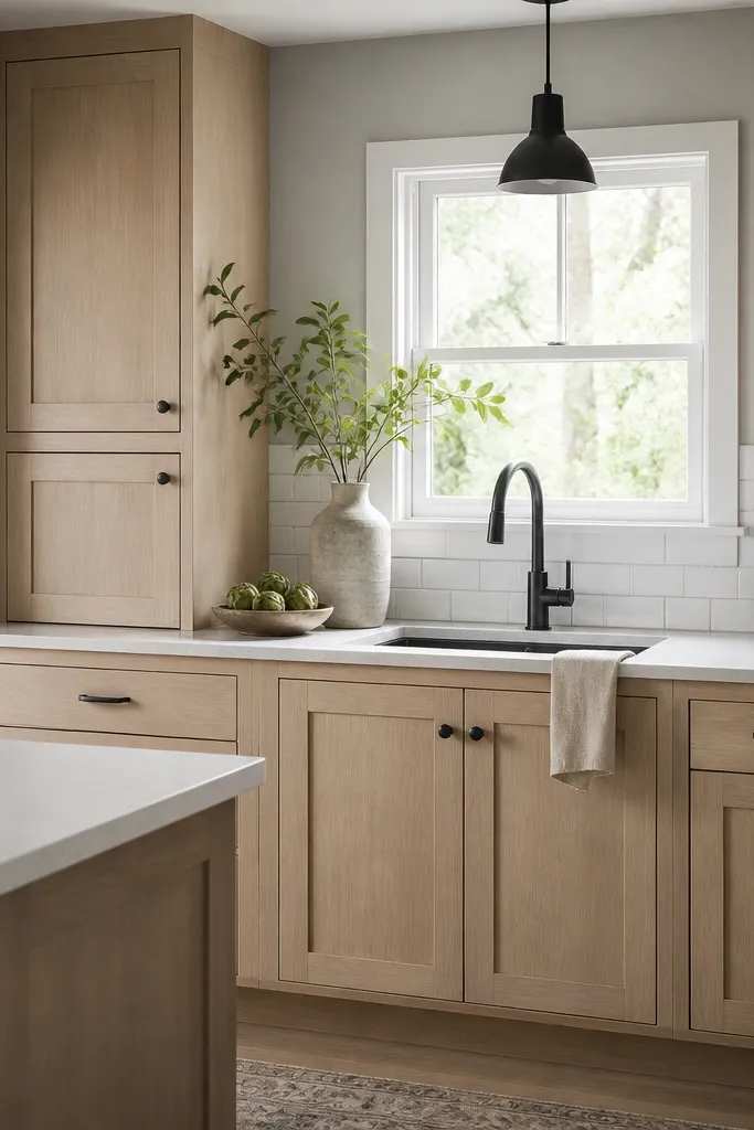 A kitchen with white oak shaker cabinet doors, warm creamy tone, matte black knobs and pulls, and dove gray painted walls. A light quartz countertop and a simple white subway backsplash sit behind the sink.